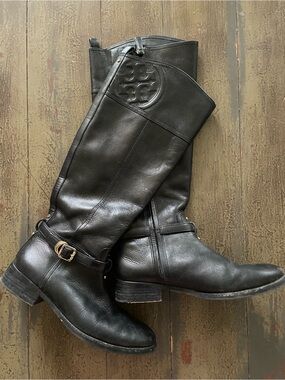 Tory Burch Black Leather Tall Riding Boots with Gold Buckle